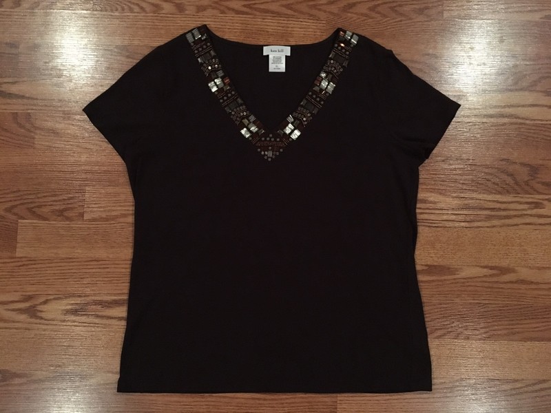 Woman’s Brown Kate Hill Shirt Beads 95% Cotton 5% Spandex Excellent Condition XL