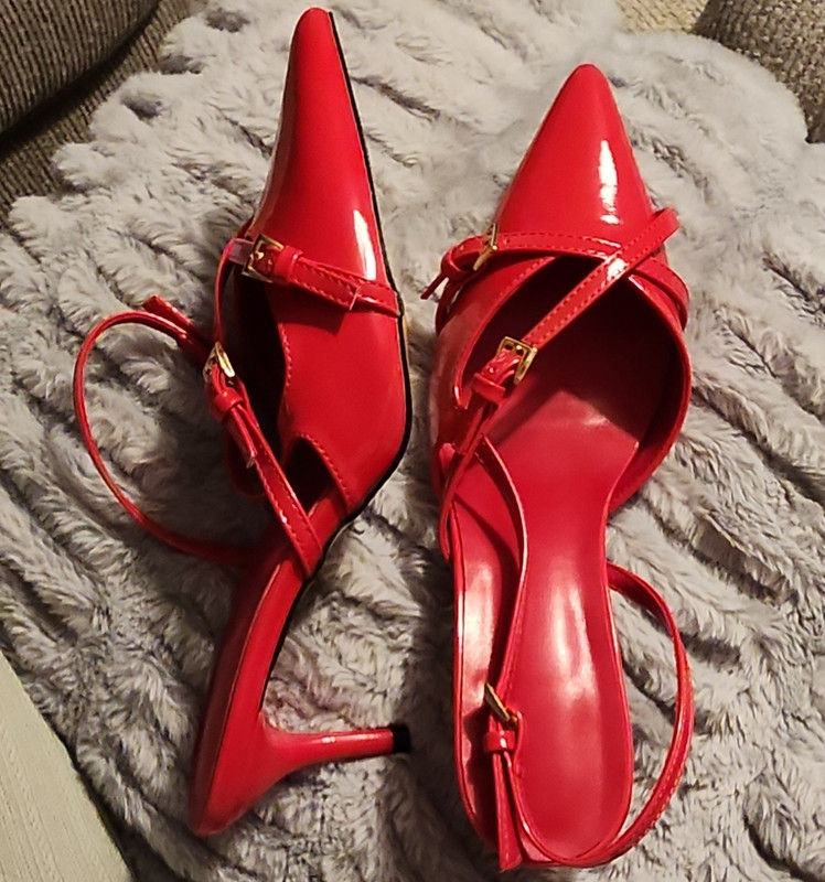Women’s Red Patent Leather Strappy Pointed Toe Stiletto Heels, Size 9