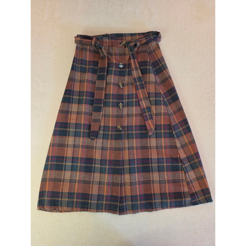 Mulaya Button-Front Plaid Tartan Skirt with Waist Tie Belt Sz Small
