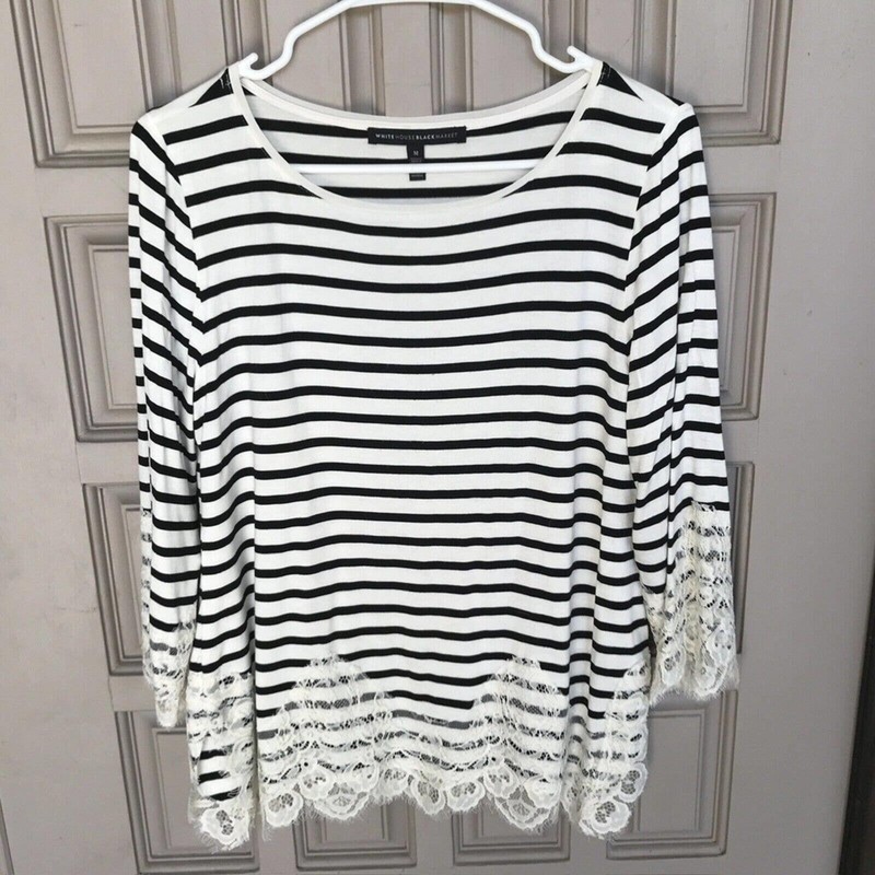 WHBM Top SzM Blk/Wht Stripe Lace Embellishment Boat Neck Used