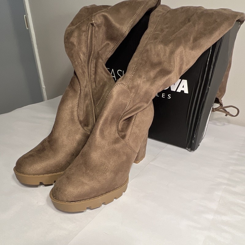 Fashion Nova Gossip-09 Taupe Suede Platform Knee High Boots Wide Calf Zip 10 gallery