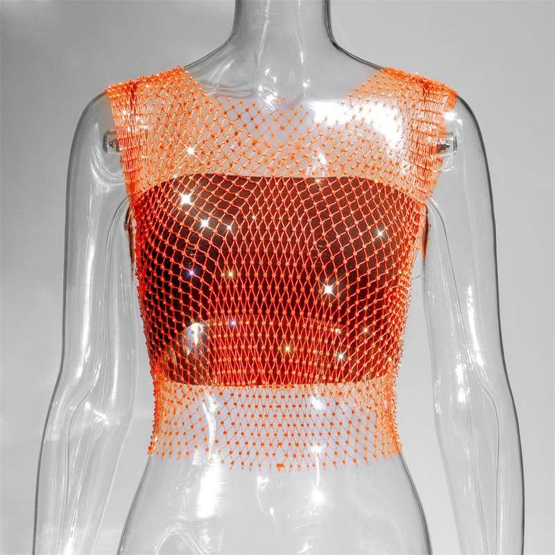 Summer Rhinestones Backless Leqoel Sexy Mesh Fashion See Through Tank Hollow gallery