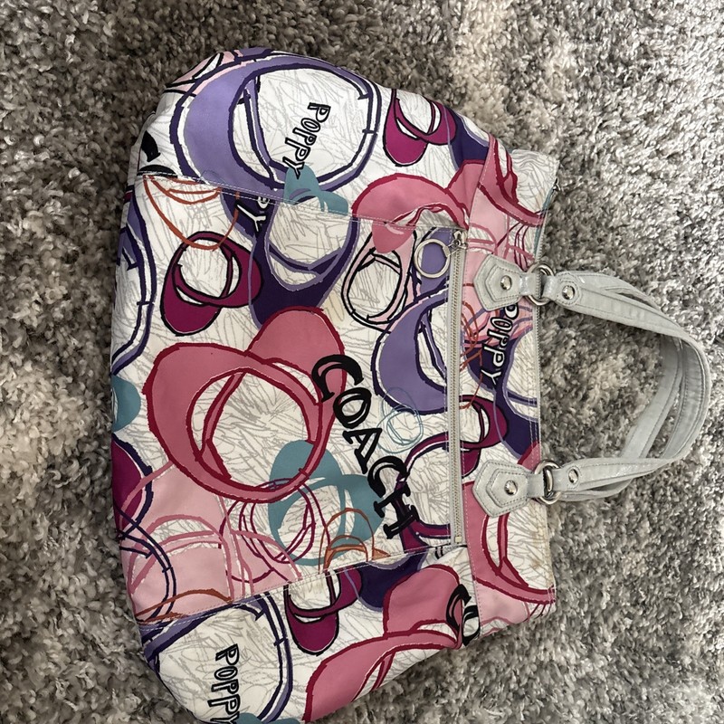 Coach POPPY Multicolor Logo Shoulder Bag Silver Hardware Double Handles Zipper