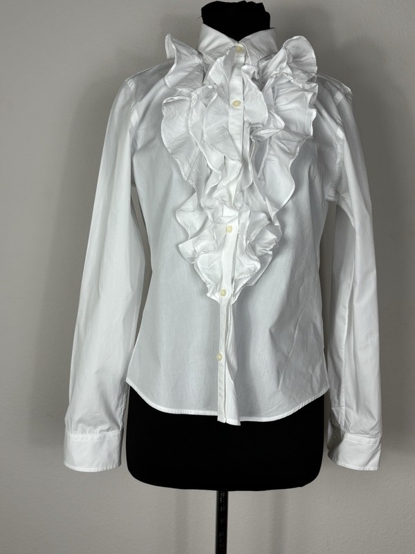 Lauren Ralph Lauren White Ruffle Front Botton Shirt Blouse Cotton Sz L Victorian