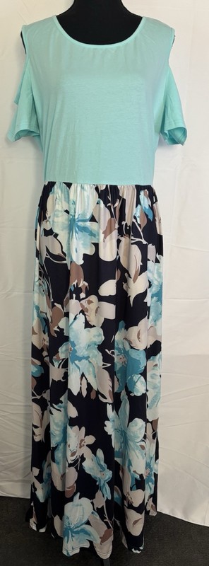 Styleword XXL Two‑Tone Turquoise & Floral Maxi Dress – 95% Cotton, 5% Spandex