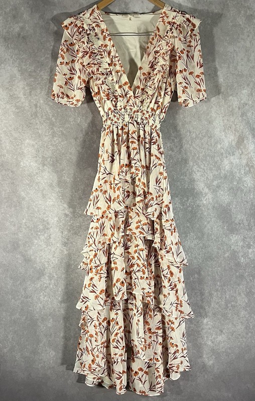 Maje Maxi Dress Women 34 Orange Cream Floral Romina Tiered Chiffon Low V Boho