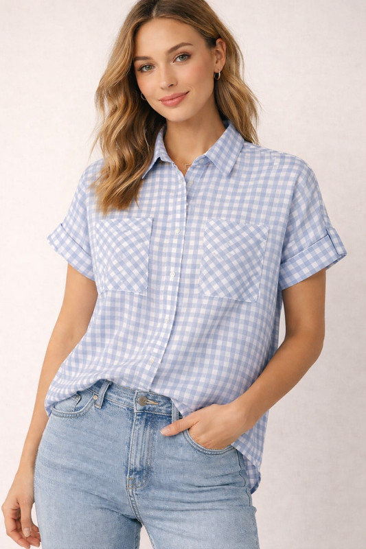 Ninety Womens plaid button down cuffed short sleeve collared 2 pockets Blouse gallery