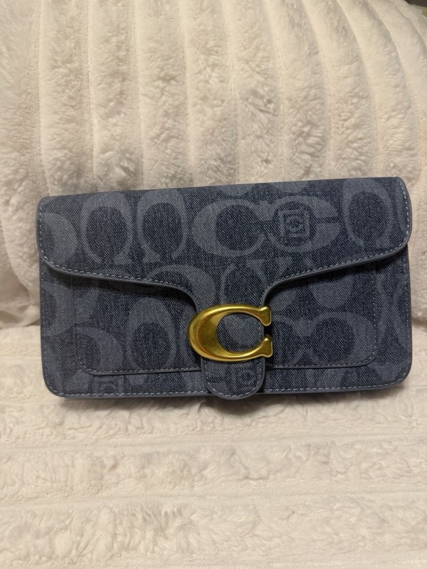 Coach Logo Pattern Blue Denim Rectangle Clutch Snap Closure Gold Hardware