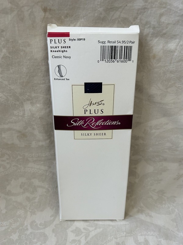 Hanes Plus Silk Reflections Silky Sheer Classic Navy Kneehighs Enhanced Toe New