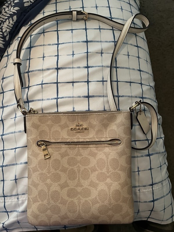 Coach Signature Monogram Beige Small Crossbody Bag Zip Closure Detachable