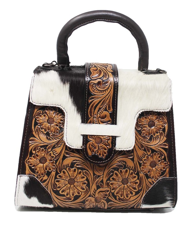 Women’s Antique Floral Tooled Leather Cowhide Small Tote Purse Handbag 18FKH41