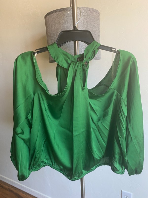 Bold Elements Green Cold Shoulder Tie Neck Blouse Women’s Large Polyester NEW