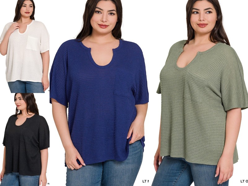1X 2X 3X Keyhole Neckline Short Sleeve Jacquard Sweater Top Loose Fit Shirt