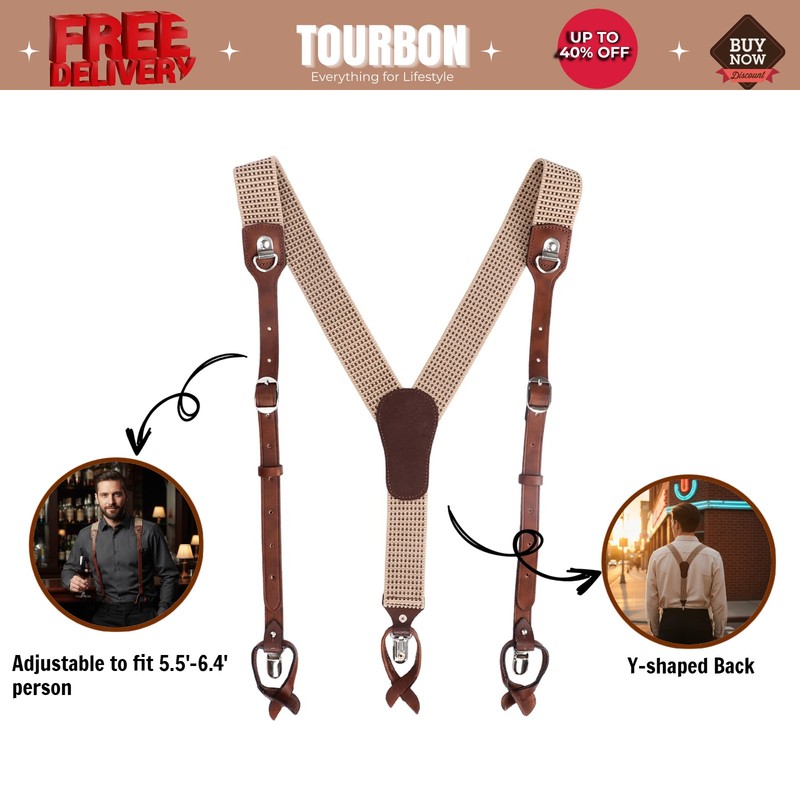 Tourbon Retro Men Suspenders Y Shaped Button & Clip Pants Braces Strap Adjusted