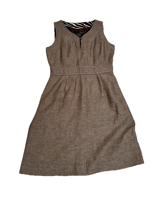Willi Smith Linen Blend Dress Womens 8 Brown Sleeveless Empire Waist Zebra Lined
