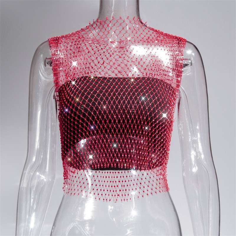 Summer Rhinestones Backless Leqoel Sexy Mesh Fashion See Through Tank Hollow gallery