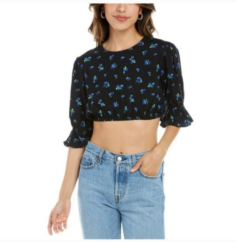 We Wore What Blouse Size Medium Women's Blue Black Floral Ruffle Ditsy floral gallery