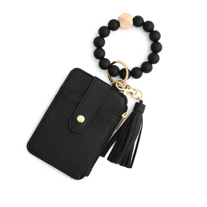 Women’s Black Wristlet Bracelet Keychain Wallet, Silica Gel Beaded Keyring
