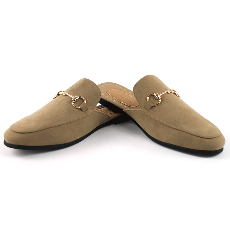 Mens Tan Suede Backless Slip On Mule With Gold Buckle Loafers By AZAR MAN gallery