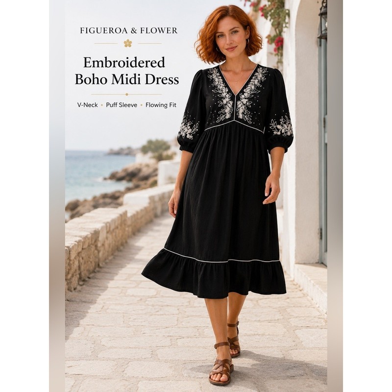 Figueroa & Flower Embroidered Boho Midi Dress Black Size Small