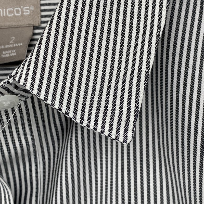 CHICOS Top 2 L 12-14 COOLMAX All Season No Iron Striped Button Up Shirt Black