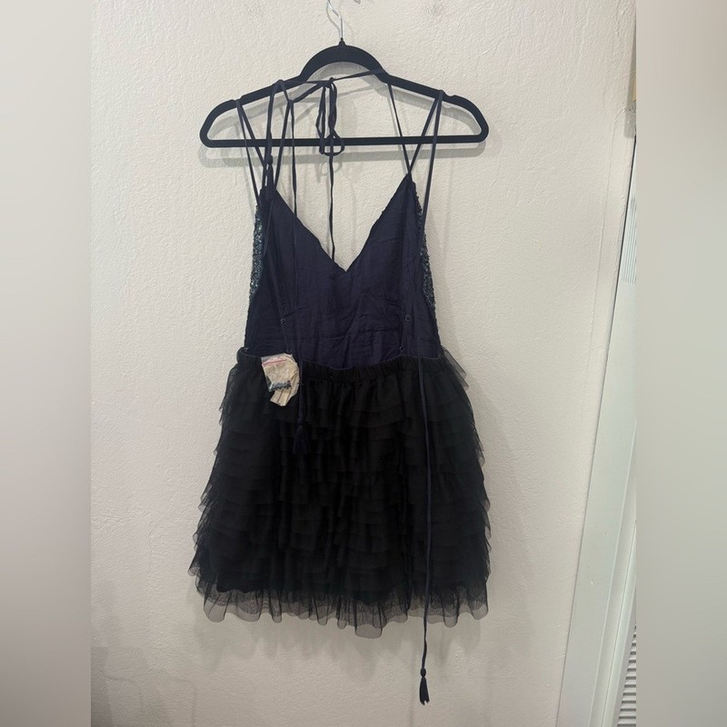 Free People Flutter Mini Navy and Black Ruffled Dress in size XL gallery
