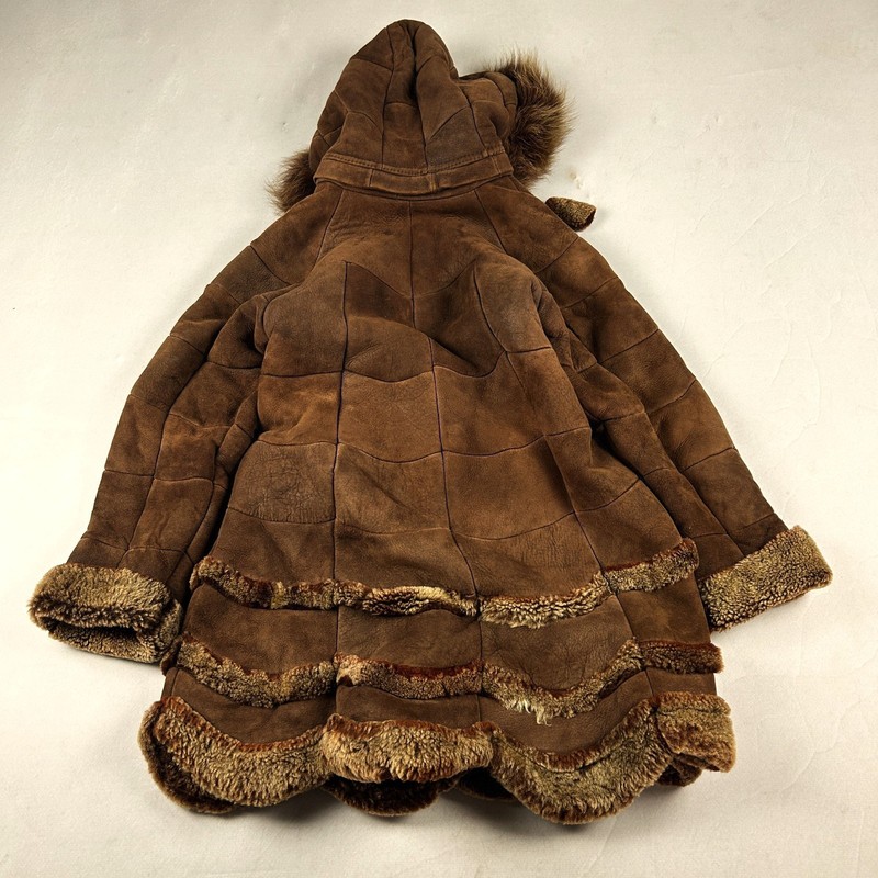 Brown Shearling Coat Fur Hood Long Winter Vintage Leather Warm Cozy Style gallery