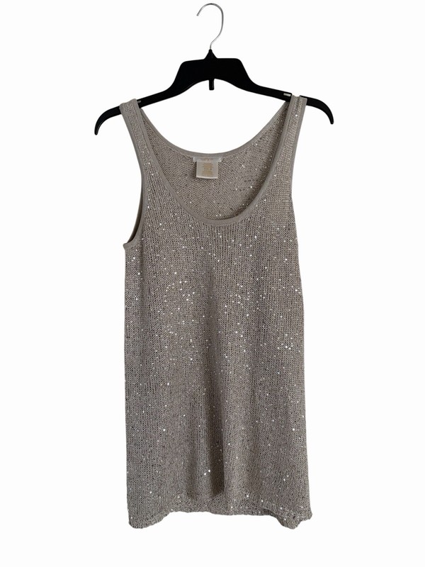 Matty M Sequin Tank Top Beige Polyester Cotton Sleeveless Blouse