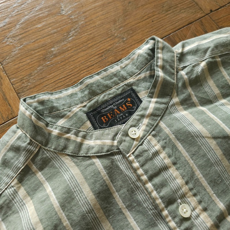 NWOT BEAMS Plus Made in Japan Cotton Flax Band Collar Popover Shirt Olive Small gallery