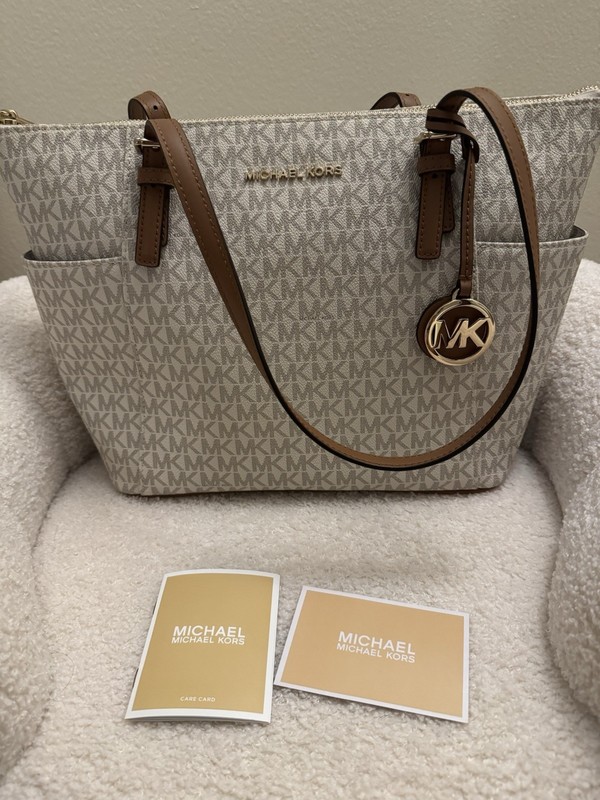 Michael Kors Logo Top Zip Tote Bag Vanilla Acorn Brown Gold Hardware Used Once
