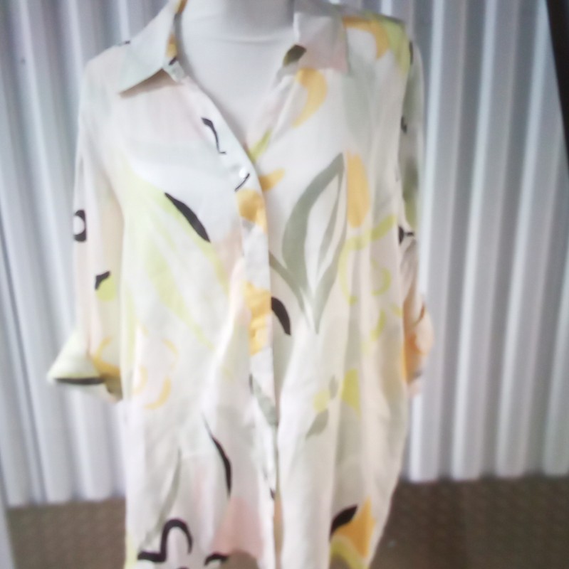 Rachel Zoe White Linen Abstract Print Button-Up Collared Long Sleeve Womens L