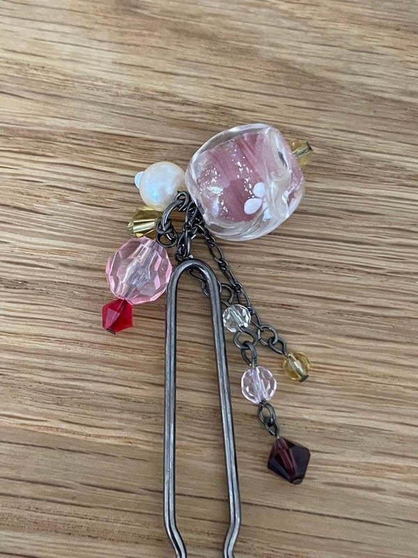 Beaded Kanzashi Hair Ornament Pink Red Glass Flower Metal Jewelry gallery