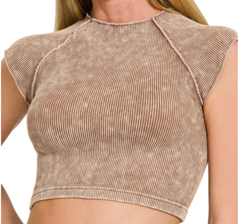Zenana Ribbed High‑Neck Crop Top – Short Sleeve Seam Detail L/XL
