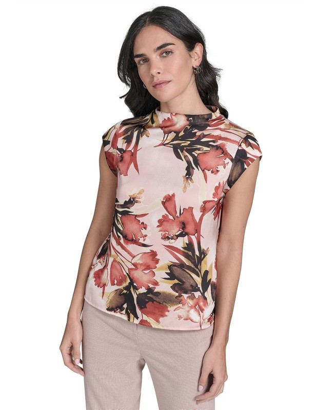 Calvin Klein Cap-Sleeve Printed Top Women’s S Pink Pepper Multi Back Zip Closure