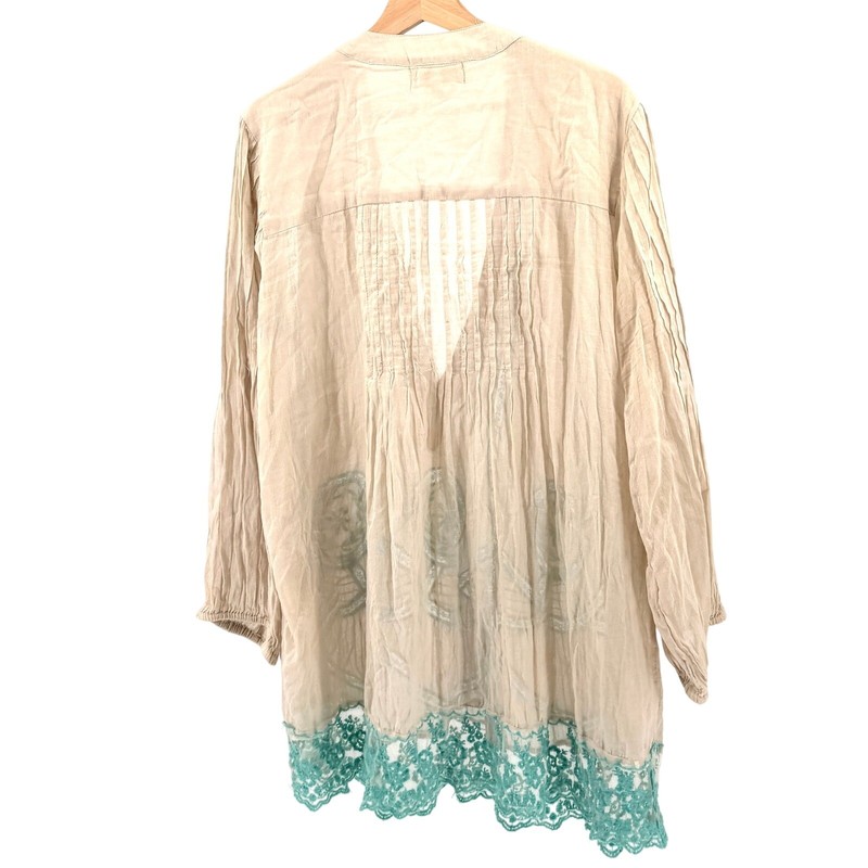 Antica Sartoria Beige Teal 100% Cotton Embroidered Lace Tunic Top gallery
