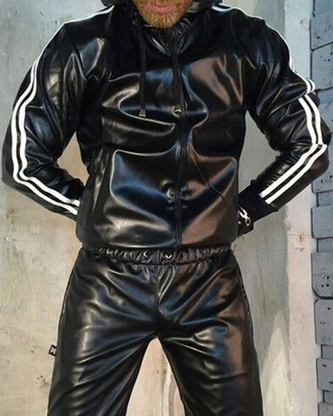 Men’s Black LambSkin Leader Hoddie Tracksuit withTwo White Stripe Jogging style