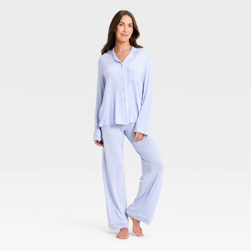 Women Cloud Knit Long Sleeve Notch Collar Top and Pants Pajama Set