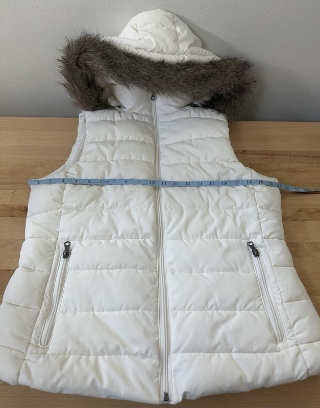 BANANA REPUBLIC Women’s Winter Hooded Puffer Vest Faux Fur Collar Ivory Large gallery