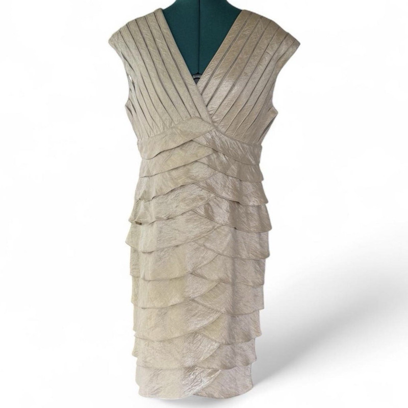 Adrianna Papell Women’s 14 Beige Solid V-Neck Sleeveless Tulle Sheath Dress