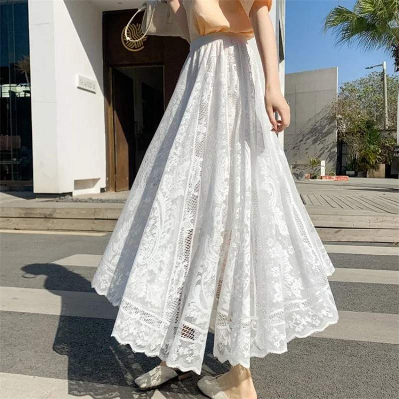 Elegant Lace Mesh Skirt for Women Lace Skirts High Waist Summer Long Skirt Casua