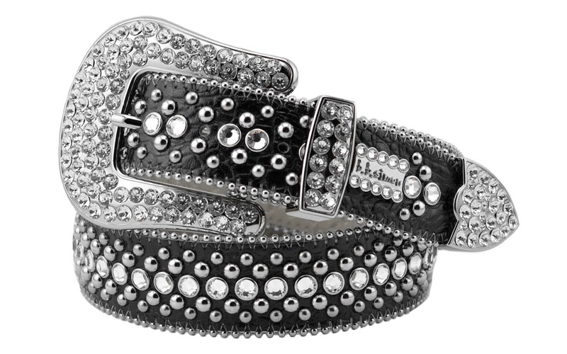 BB Simon Kish Belt Clear Ice Crystal Black Leather Silver 30 32 34 36 38 40 42