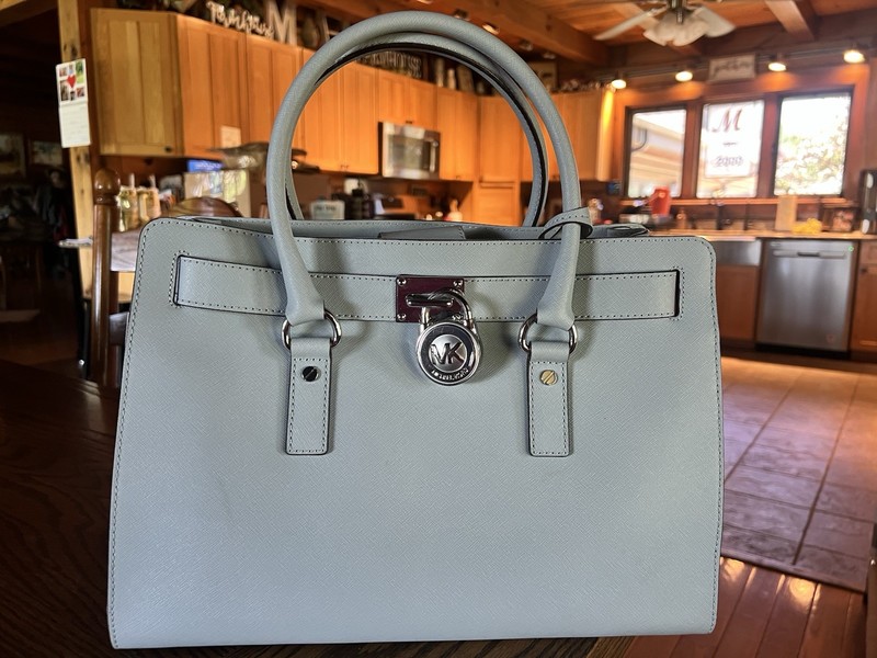 Michael Kors Hamilton Light Blue Large Satchel Top Handle Padlock Silver