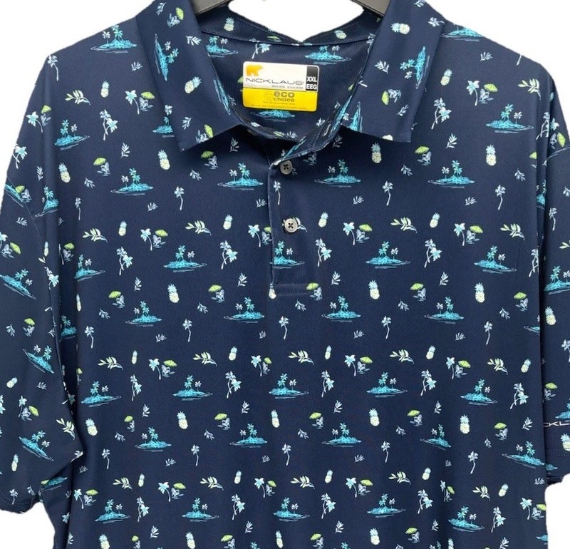 Nicklaus Polo Shirt Men’s XXL Eco Choice Big & Tall Blue Tropical Print Comfort