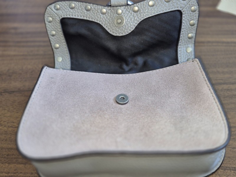 Rebecca Minkoff Women’s Gray Mini Studded Flap Crossbody, Chain Strap, Mag gallery