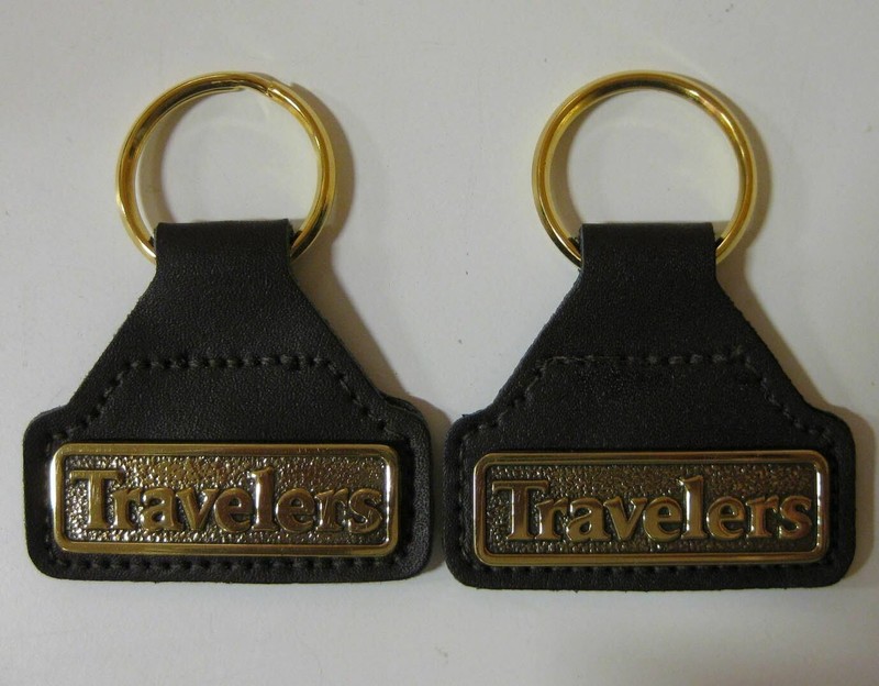 NEW Set of 2 Travelers Insurance Key Rings Brass and Leather Look Key Chains