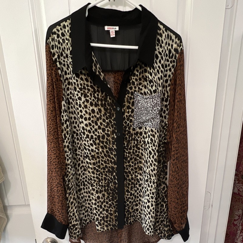 Bongo Plus Women Plus 3X Multicolor Animal Print Sheer Chiffon Button-Up