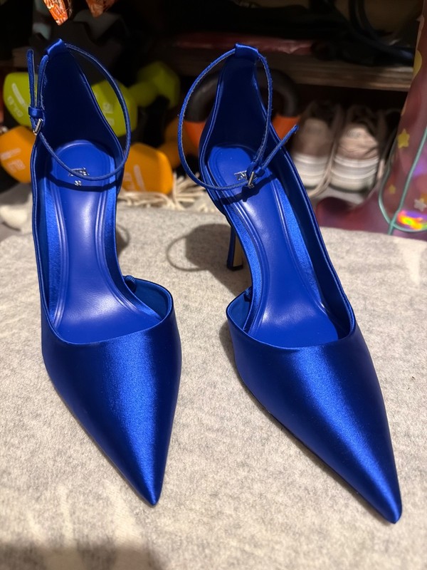 Zara Pointed Toe Ankle Strap Cobalt Blue satin Pumps Sixe 38