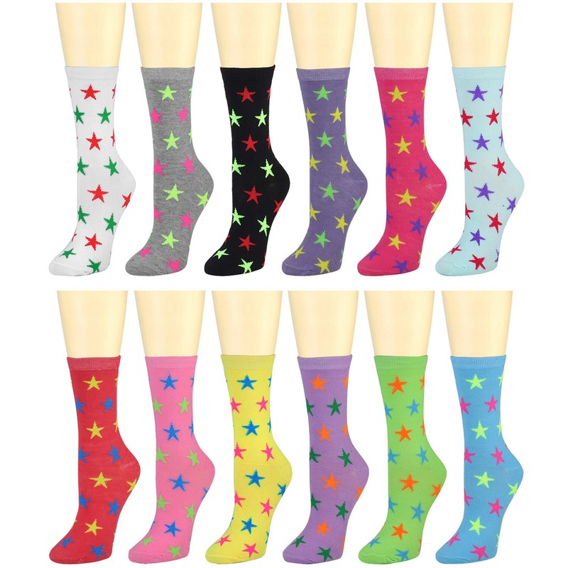 12 Pairs Assorted Multicolors Stars Designed Women Cotton Crew Socks 9-11