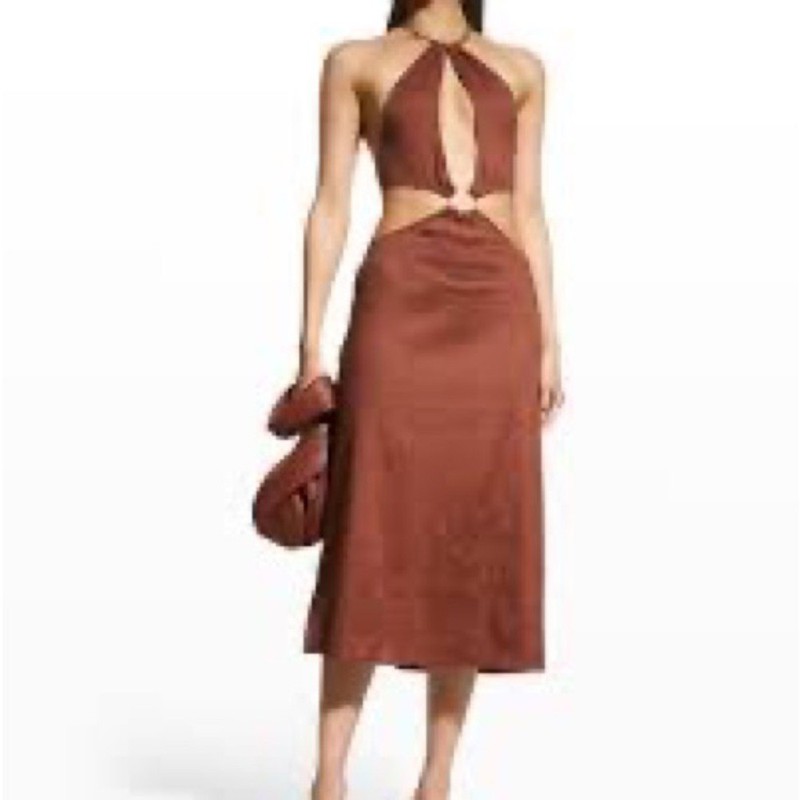 WeWoreWhat M Shell Chain Halter linen blend cut out Midi Dress in Cappuccino