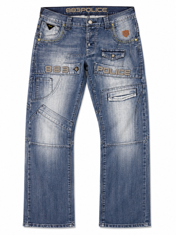 883 Police Jeans Mens 32×28 Blue Distressed Moto Biker Cargo Y2K Designer Denim